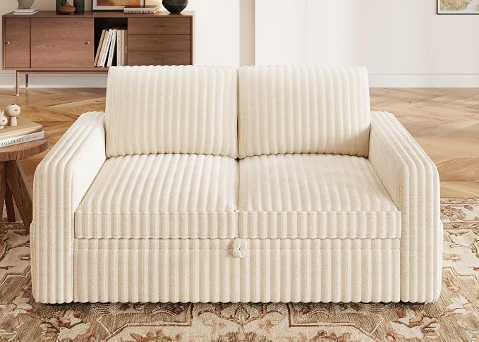 HONBAY Modular Pull Out Sofa Bed,Corduroy Loveseat, Couches for Living Room,Beige