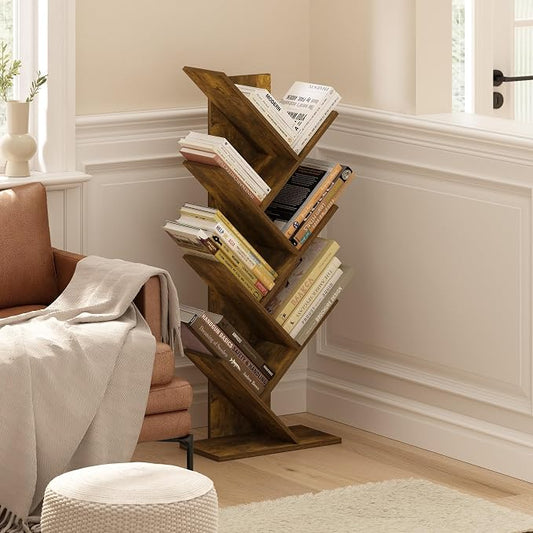 Furinno Tree Book Shelf, 7-Tier Bookshelf with Angled Open Shelf, Tree Bookcase for Room Decor, 8.4 x 15.7 x 39.4, for Organization and Storage, for Living Room, Bedroom, Home Office, Amber Pine