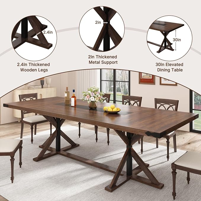 Hlivelood 94" Large Dining Table for 10 People, Rectangular Kitchen Farmhouse Table W/Thickness Waterproof Wood Tabletop,Long Dining Room Tables W/Wood Strip Base for Kitchen Living Room(238CM Brown)