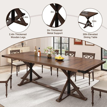 Hlivelood 94" Large Dining Table for 10 People, Rectangular Kitchen Farmhouse Table W/Thickness Waterproof Wood Tabletop,Long Dining Room Tables W/Wood Strip Base for Kitchen Living Room(238CM Brown)