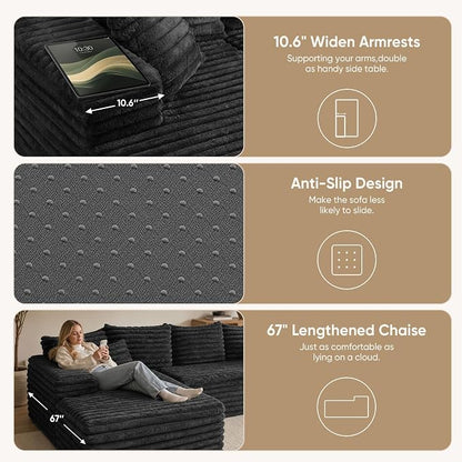 2" Corduroy Boneless Couches for Living Room, L Shape Sofa with Chaise | 102.4" Modular Sectional Sofa, Cloud Couch Sectional with Deep Seat, No Assembly, Black, Left Chaise