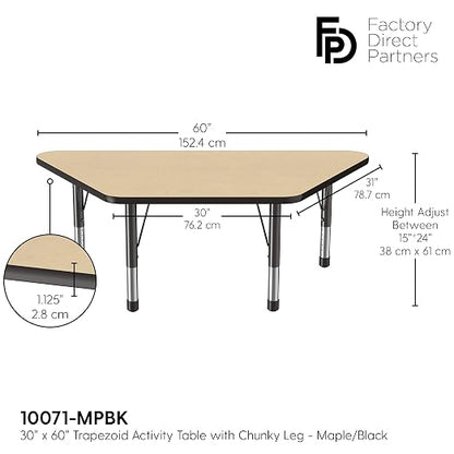 FDP Trapezoid Activity School and Classroom Kids Table (30 x 60 inch), Chunky Toddler Legs for Collaborative Seating Environments, Adjustable Height 15-24 inches - Maple Top and Black Edge