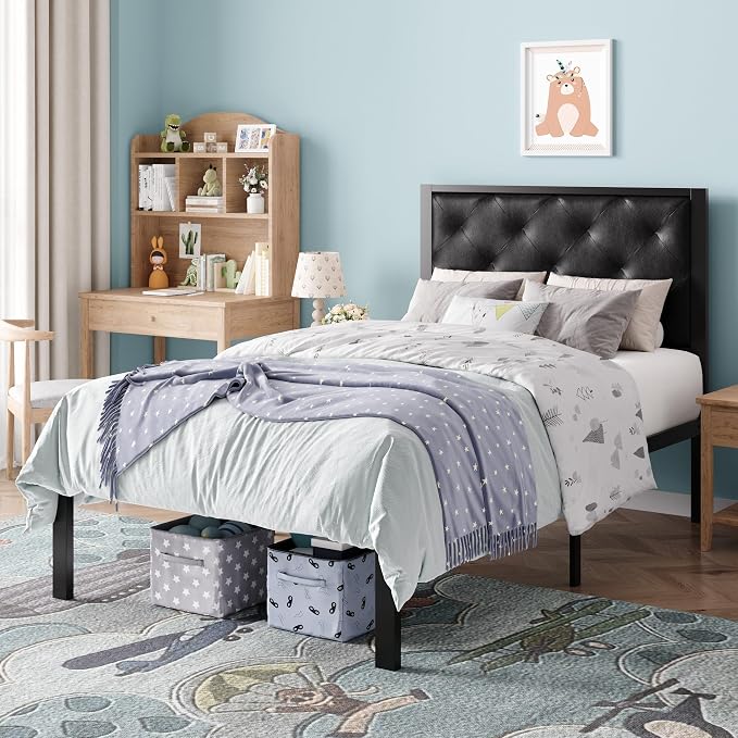 SHA CERLIN Twin Size Metal Bed Frame with PU Tufted Headboard, Black | Modern Design Heavy-Duty Platform Bed, No Box Spring Need, PU Leather Upholstery, Noise Free, Easy Assembly