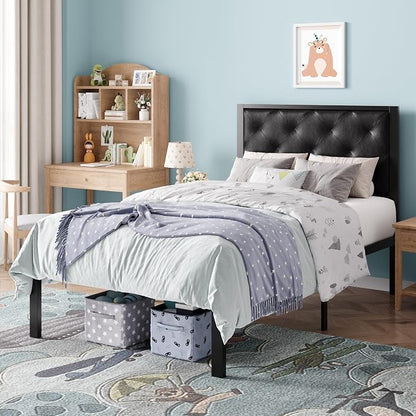 SHA CERLIN Twin Size Metal Bed Frame with PU Tufted Headboard, Black | Modern Design Heavy-Duty Platform Bed, No Box Spring Need, PU Leather Upholstery, Noise Free, Easy Assembly