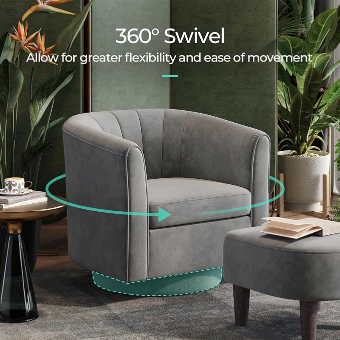 LINSY Swivel Accent Chair Ottoman Set: Velvet Larege Barrel Chair with Foot Rest, Modern Reading Chair Upholstered Armchair with Footrest for Living Room Bedroom Study Room Office (Grey)