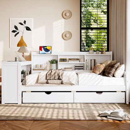 Bellemave Twin Corner Bed Frame with Desk and Storage Shelves,Charging Port, Wood Twin Size Daybed with Bookcase and Drawers, White