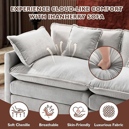 Ihanherry 111.4 Inch 3-Seater Cloud Sofa, Modular Sectional Couch, Modern Deep Seat Sofa for Living Room, Comfy Double Layer Upholstered Seat Cushion, Breathable Chenille Fabric, Grey