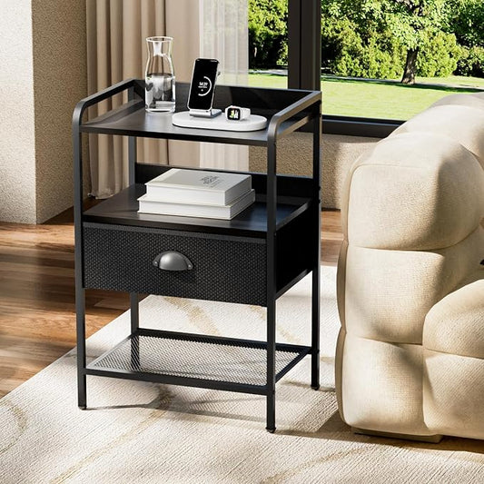 Nightstands Set of 2, Bedside Table with 1 Fabric Drawer, Open Mesh Shelf, End Table Side Table with Storage Drawer Dresser, Wear-Resistant Metal Frame, Bedroom, Black