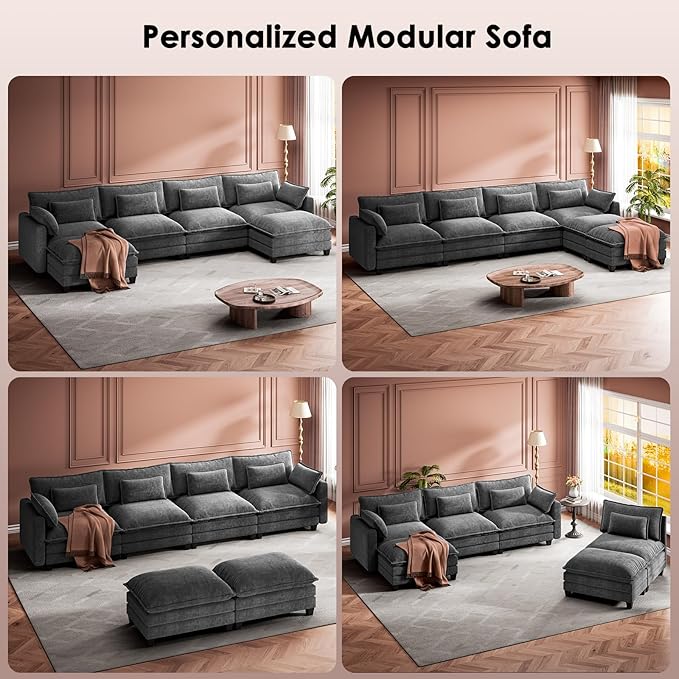 Marsail Modular Sectional Sofa 145.6" U-Shaped Modern Comfy Cloud Couch, 6-Seat Chenille Deep Seat Sofa with Throw Pillow & Movable Ottoman for Living Room, Bedroom and Apartment, Grey