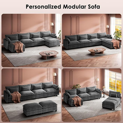 Marsail Modular Sectional Sofa 145.6" U-Shaped Modern Comfy Cloud Couch, 6-Seat Chenille Deep Seat Sofa with Throw Pillow & Movable Ottoman for Living Room, Bedroom and Apartment, Grey