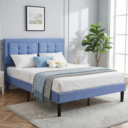 VECELO Queen Size Bed Frame, Adjustable Upholstered Button Tufted Headboard, Heavy-Duty Bedframe with Wood Slats Support, No Box Spring Needed, Light Blue