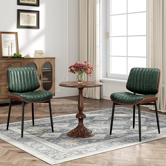 MALOL Leather Dining Chairs Set of 6, Modern Upholstered Dining Room Kitchen Chairs with Metal Legs and Wooden Back Support for Home Dining Room/Restaurant, Green