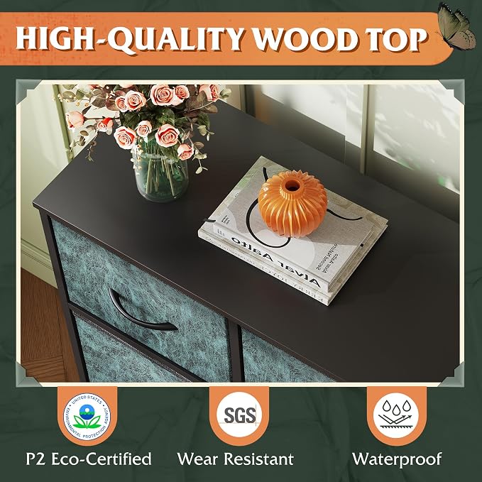 WLIVE Dresser for Bedroom with 5 Drawers, Wide Chest of Drawers, Fabric Dresser, Storage Organizer Unit with Fabric Bins for Closet, Living Room, Hallway, Vintage Green