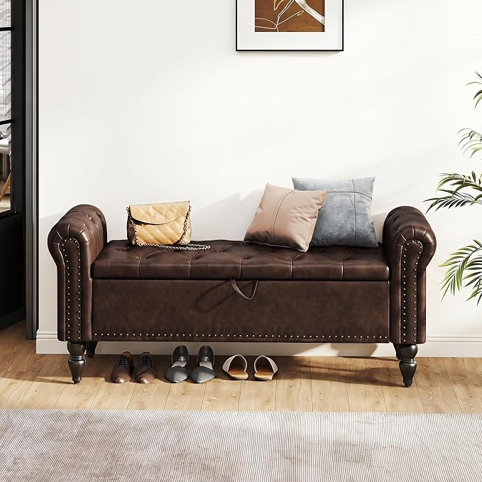 Furniliving 51” End of Bed Storage Bench, Bedroom Bench with Button-Tufted, Upholstered Storage Ottoman Benches Window Bench with Storage, Leather Bench for Living Room, Entryway, PU, BlackBrown