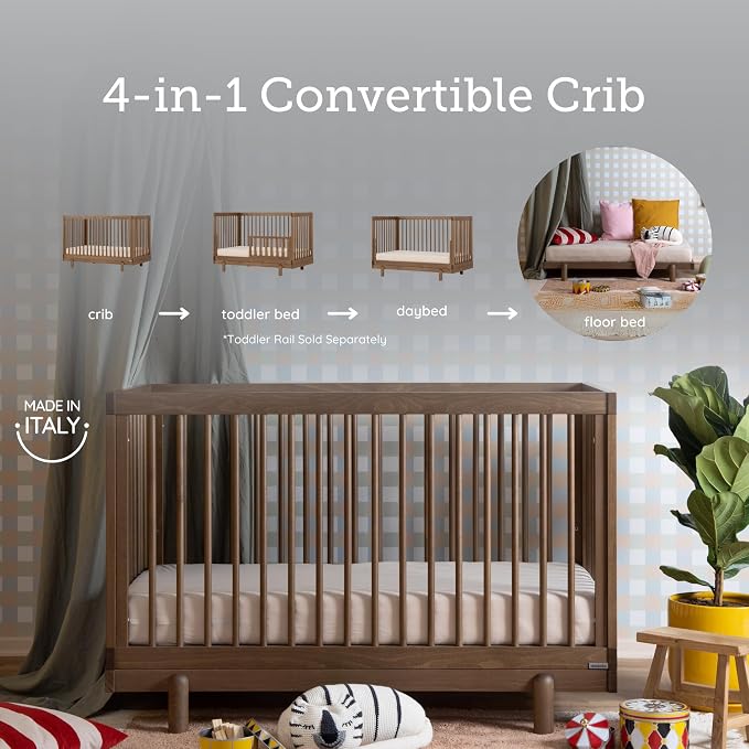 dadada Baby Bliss 4-in-1 Convertible Crib to Toddler Bed & Floor Bed – Made in Italy, GREENGUARD Gold Certified, Baby-Safe Finish, Sustainable Beechwood, Modern Design, 4 Adjustable Heights (Walnut)