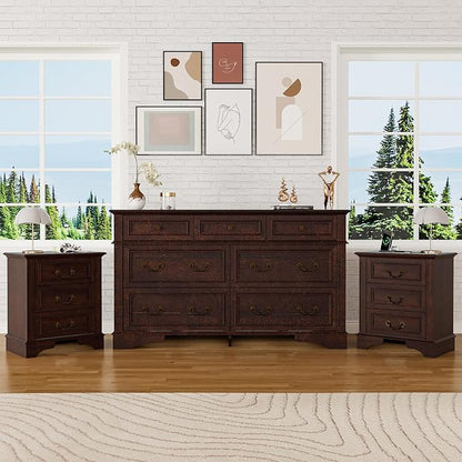 Farmhouse Dresser and Nightstand Sets, 7-Drawer Dresser & 3 Drawer Nightstand Sets, 3 Pieces Rustic Wood Bedroom Furniture Set for Home, Bedroom, Hallway（Dark Brown）