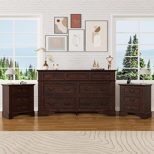Farmhouse Dresser and Nightstand Sets, 7-Drawer Dresser & 3 Drawer Nightstand Sets, 3 Pieces Rustic Wood Bedroom Furniture Set for Home, Bedroom, Hallway（Dark Brown）