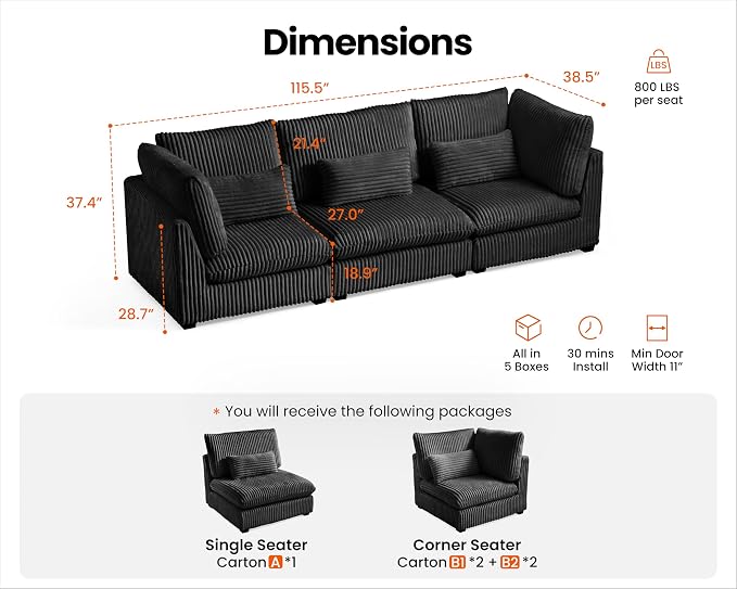 115" Oversized Corduroy Couch Modular Sectional Sofa, Washable Cloud Couch Sectional, 3 Seater Sectional Couches for Living Room, Fully Cover Removable, Basic 3 Seater, Corduroy, Black