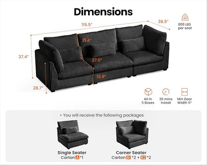 115" Oversized Corduroy Couch Modular Sectional Sofa, Washable Cloud Couch Sectional, 3 Seater Sectional Couches for Living Room, Fully Cover Removable, Basic 3 Seater, Corduroy, Black