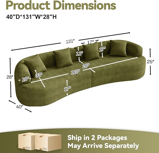 131" Curved Modular Sectional Sofa for Living Room, Modern Chenille Oversized Cloud Couch Sofa, Luxury Plush Extra Deep 4-Seater Boucle Couch for Apartment‌‌, No Assembly Required, Green