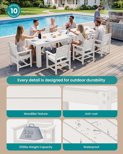 SERWALL HDPE Dining Set for 8: 2 Umbrella Hole Tables + 8 Chairs. for Garden, Backyard, Poolside. White
