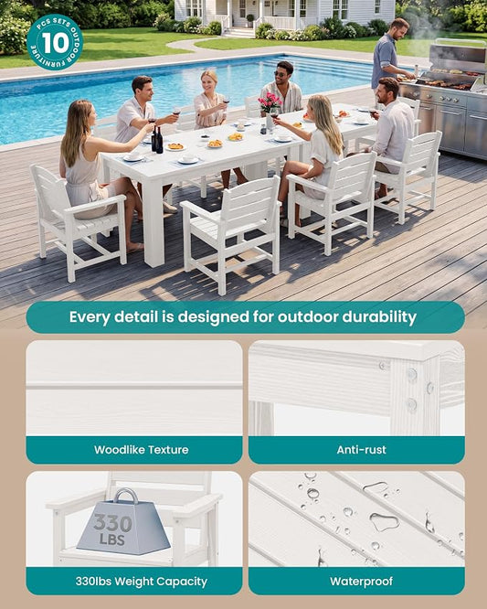 SERWALL HDPE Dining Set for 8: 2 Umbrella Hole Tables + 8 Chairs. for Garden, Backyard, Poolside. White