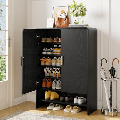 ONBRILL 6-Tier Shoe Storage Cabinet, 45'' Large Farmhouse Shoe Cabinet for Entryway, Modern Wooden Shoe Organizer Cabinets with Doors and Shelves, for Front Door Hallway (Black)