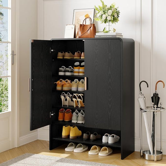 ONBRILL 6-Tier Shoe Storage Cabinet, 45'' Large Farmhouse Shoe Cabinet for Entryway, Modern Wooden Shoe Organizer Cabinets with Doors and Shelves, for Front Door Hallway (Black)