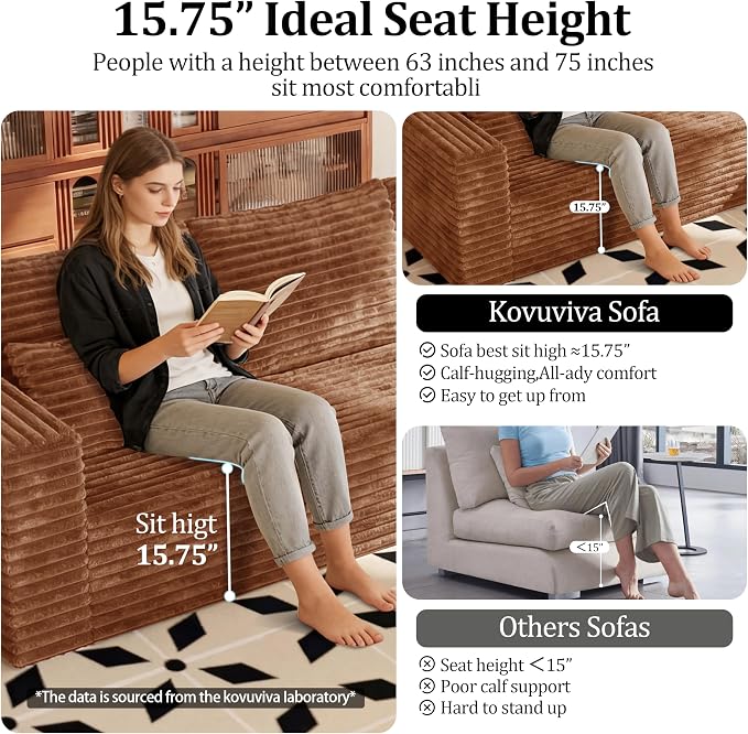 92.5" L-Shaped Sectional Boneless Couches with Chaise, Comfy Modular Corduroy Fluffy Couch with Deep Seat, 3 Seater Cloud Sofa for Apartment Flexible Module Combination for Living Room, No Assembly