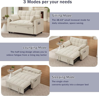Sleeper Sofa with Pull Out Couch Bed, 48" Convertible Pull-Out Sofa Bed Chair, 3-in-1 Futon Couch with Reclining Backrest and Side Pockets for Living Room Bedroom Apartment, Beige