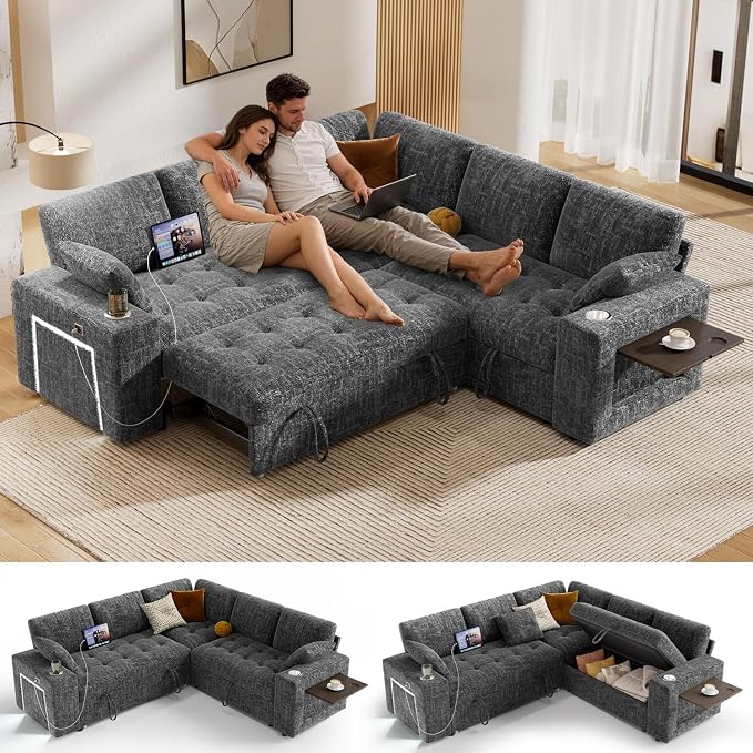 Vipbear 86" Modular Sectional Sleeper Sofa with Pull Out Bed, 5 Seat Chenille L Shaped Couch with USB Ports|Cup Holders|Side Table|Storage Loveseat, Tool Free Assembly, Grey
