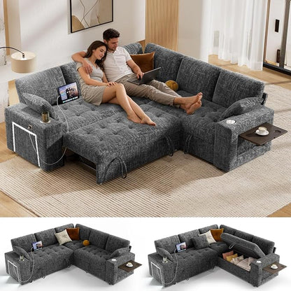Vipbear 86" Modular Sectional Sleeper Sofa with Pull Out Bed, 5 Seat Chenille L Shaped Couch with USB Ports|Cup Holders|Side Table|Storage Loveseat, Tool Free Assembly, Grey