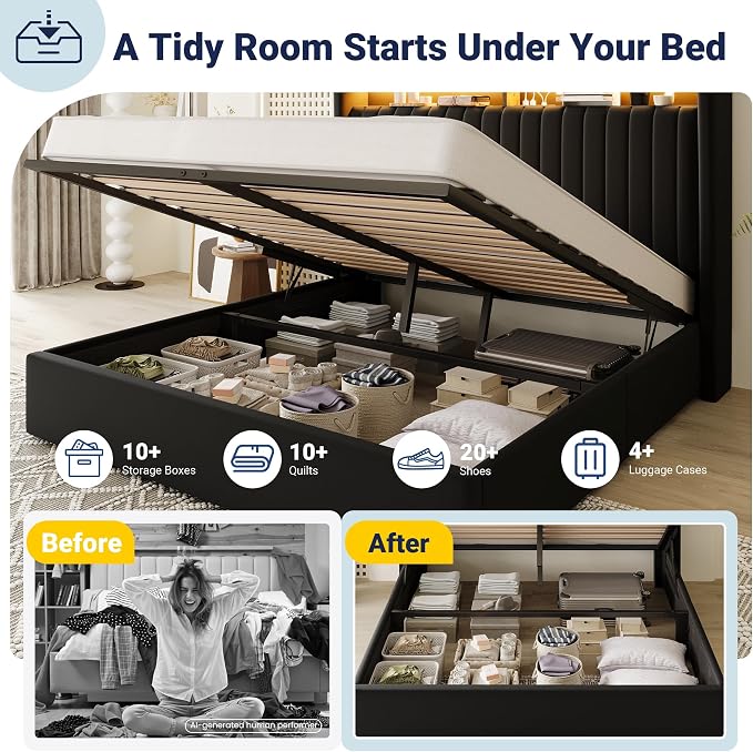 Allewie Full Size Lift Up Hydraulic Storage Bed Frame, 2-Tier Shelf Headboard with LED Lights and Charging Station, USB and Type C Ports, Wingback Velvet Headboard, No Box Spring Needed, Black