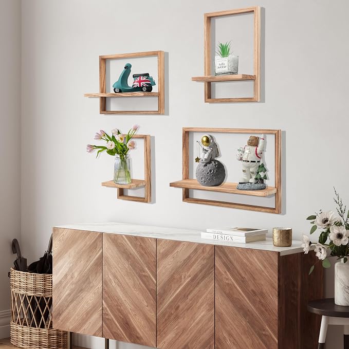 PHOENANCEE Square Floating Shelves,Framed Wall Shelf Decorative Set of 4,Modern Plants Hanging Display Art Decor Storage for Livingroom Bedroom Bathroom Farmhouse,Home Light Wood,Carbonized Black