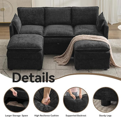 80" Cloud Modular 3 Seater Sofa with 2 Storage Ottoman, Modern Upholstered Storage Sofa Couch Deep Seat, U Shape Sectional Sofa Chenille Comfy Couch with Armrests for Living Room, Small Space, Black