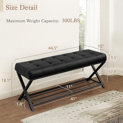 LUE BONA 44.5” End of Bed Bench with Shelf, Linen Tufted Upholstered Storage Shoe Bench, Modern Bedroom Bench with Metal Legs for Living Room, Entryway, Dining Room, 300 LB, Black