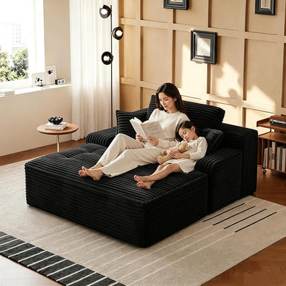 67'' Chaise Lounge Chair Indoor, Oversized Corduroy Upholstered Boneless Sofa Bed, Sleeper Couch Reading Chairs with 3 Pillows, Cloud Sofas Couches for Living Room, No Assembly Required (Black)