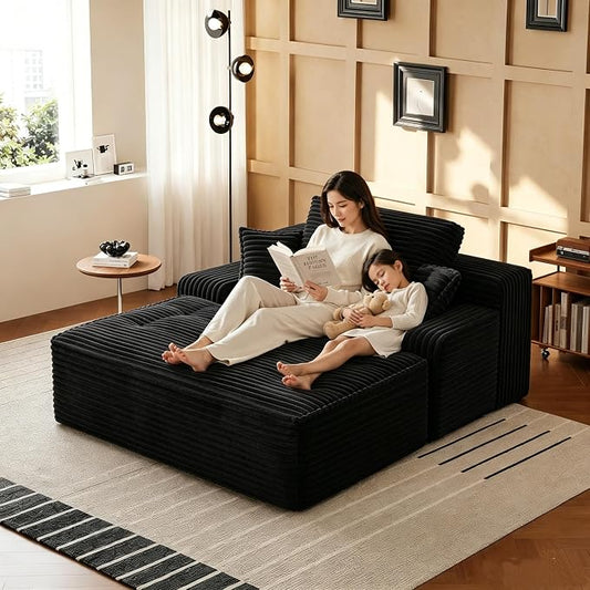 67'' Chaise Lounge Chair Indoor, Oversized Corduroy Upholstered Boneless Sofa Bed, Sleeper Couch Reading Chairs with 3 Pillows, Cloud Sofas Couches for Living Room, No Assembly Required (Black)