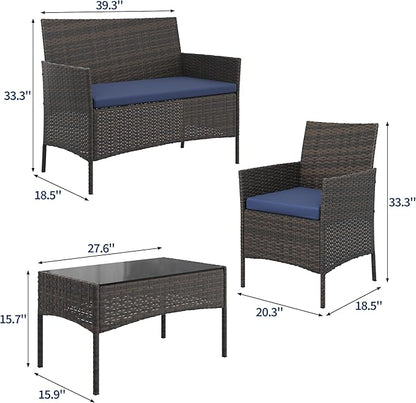 4-Piece Outdoor Furniture Set, PE Rattan Wicker Chairs with Soft Cushions & Tempered Glass Coffee Table - All-Weather Patio Set for Garden, Backyard, Porch, Poolside (Brown/Dark Blue)