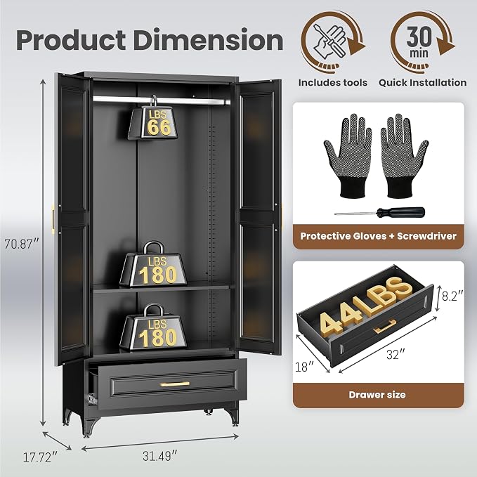 Metal Wardrobe Cabinets with Drawers,Black Armoire Wardrobe Closet with Hanging Rod,Clothes Storage Cabinet with Adjustable Shelves and Doors,Clothing Cabinet for Bedroom,Laundry Room