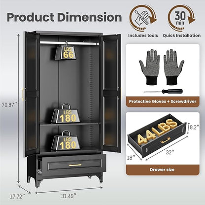 Metal Wardrobe Cabinets with Drawers,Black Armoire Wardrobe Closet with Hanging Rod,Clothes Storage Cabinet with Adjustable Shelves and Doors,Clothing Cabinet for Bedroom,Laundry Room