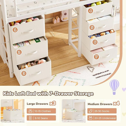 Low Loft Bed Twin Size with 7 Storage Drawers, Desk and LED Lights, Heavy Duty Metal Kids Loft Bed with 13.8" H Safety Guardrail, Anti-Collision Pad, Private Play Curtain, Under-Bed Play Space - Beige