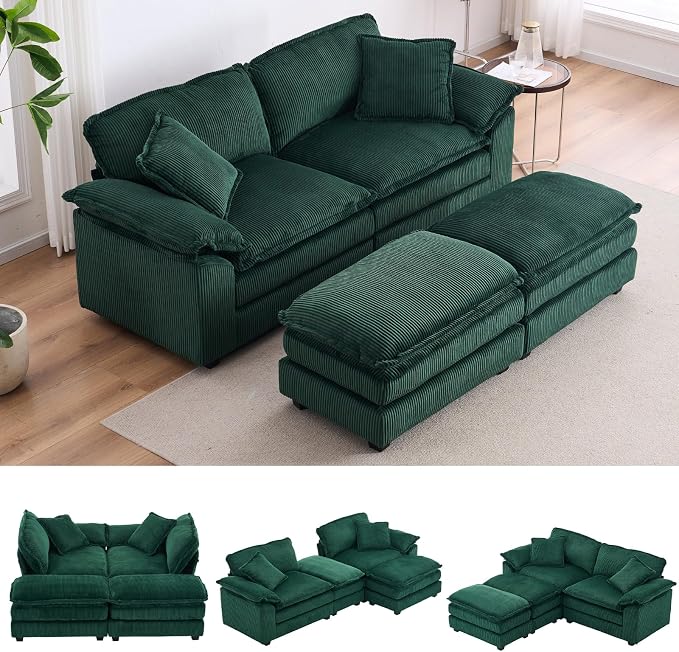 84.6” Corduroy Loveseat with Ottoman, Oversized Double Chaise Lounge Chair Indoor Deep Seat Two Seater Couch Cloud Couch Modular Sectional Sofa for Living Room(Corduroy Green)