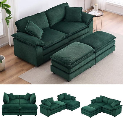 84.6” Corduroy Loveseat with Ottoman, Oversized Double Chaise Lounge Chair Indoor Deep Seat Two Seater Couch Cloud Couch Modular Sectional Sofa for Living Room(Corduroy Green)