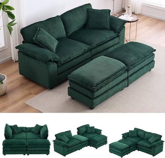 84.6” Corduroy Loveseat with Ottoman, Oversized Double Chaise Lounge Chair Indoor Deep Seat Two Seater Couch Cloud Couch Modular Sectional Sofa for Living Room(Corduroy Green)