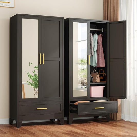 winiowa Metal Armoire Wardrobe Closet with Drawer, 71" Wardrobe Cabinet with Adjustable Shelves and Hanging Rod, Clothing Storage Cabinet Closet with Mirror for Bedroom-Black