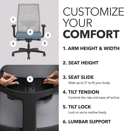 HON Ignition 2.0 Ergonomic Office Chair, Adjustable Tilt, Swivel Wheels, Comfy for Long Hours, Home Office Desk Chairs, Blue