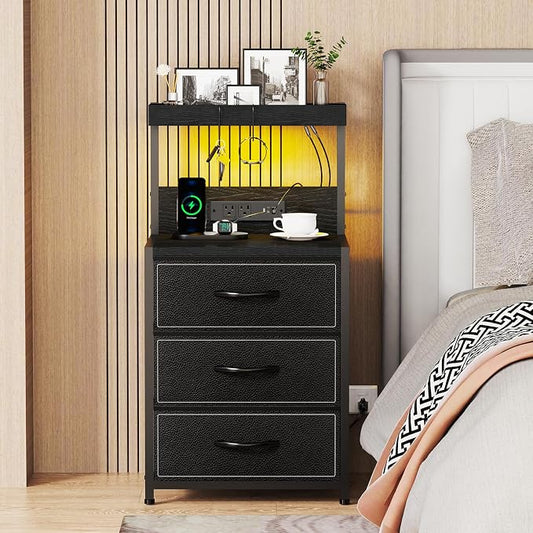 SZLHANJZ LED Nightstand with Charging Station, Night Stand with 3 Drawers and Lights, Storage Side Table with Shelf and Hooks, Tall End Table for Bedside, Bedroom, Modern Black