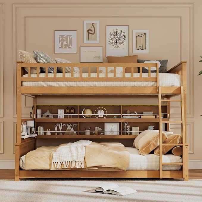 Merax Full Over Queen Bunk Bed,Wood bunk Bed with LED,Bed with Integrated Shelving, Color-Changing Lights and Pegboard, Full XL Over Queen, Brown