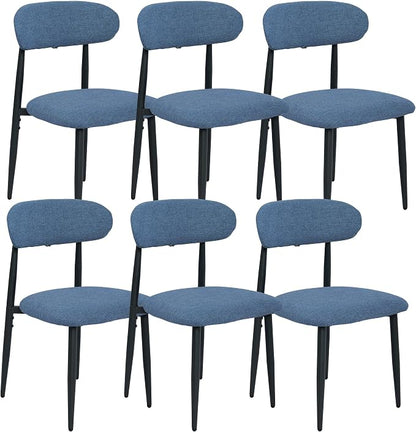 FREKEN Modern Upholstered Dining Chairs Set of 6, Mid-Century Metal Frame Linen Fabric Side Chair for Kitchen Dining Room, 350lbs Capacity, Blue